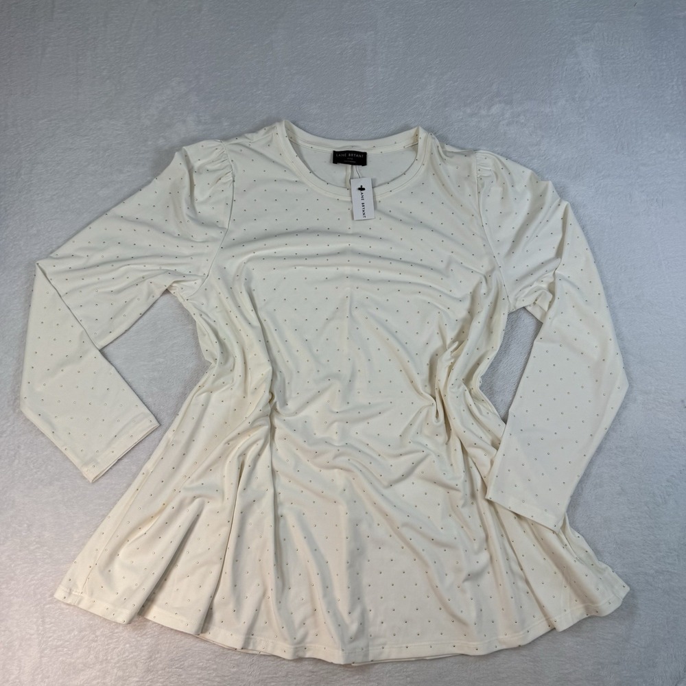 Lane Bryant Top Women 14-16 Ivory Flared Hem Swing Gold Beaded Pullover Career